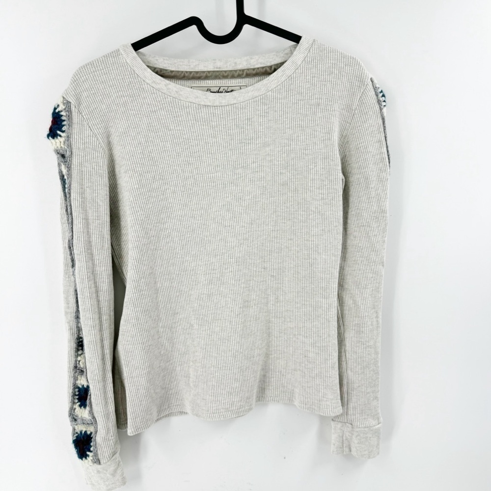 ✅ BOUNDLESS NORTH BOHO RIBBED CREW NECK EMBROIDERED SLEEVE TOP TAN‎ SIZE SMALL